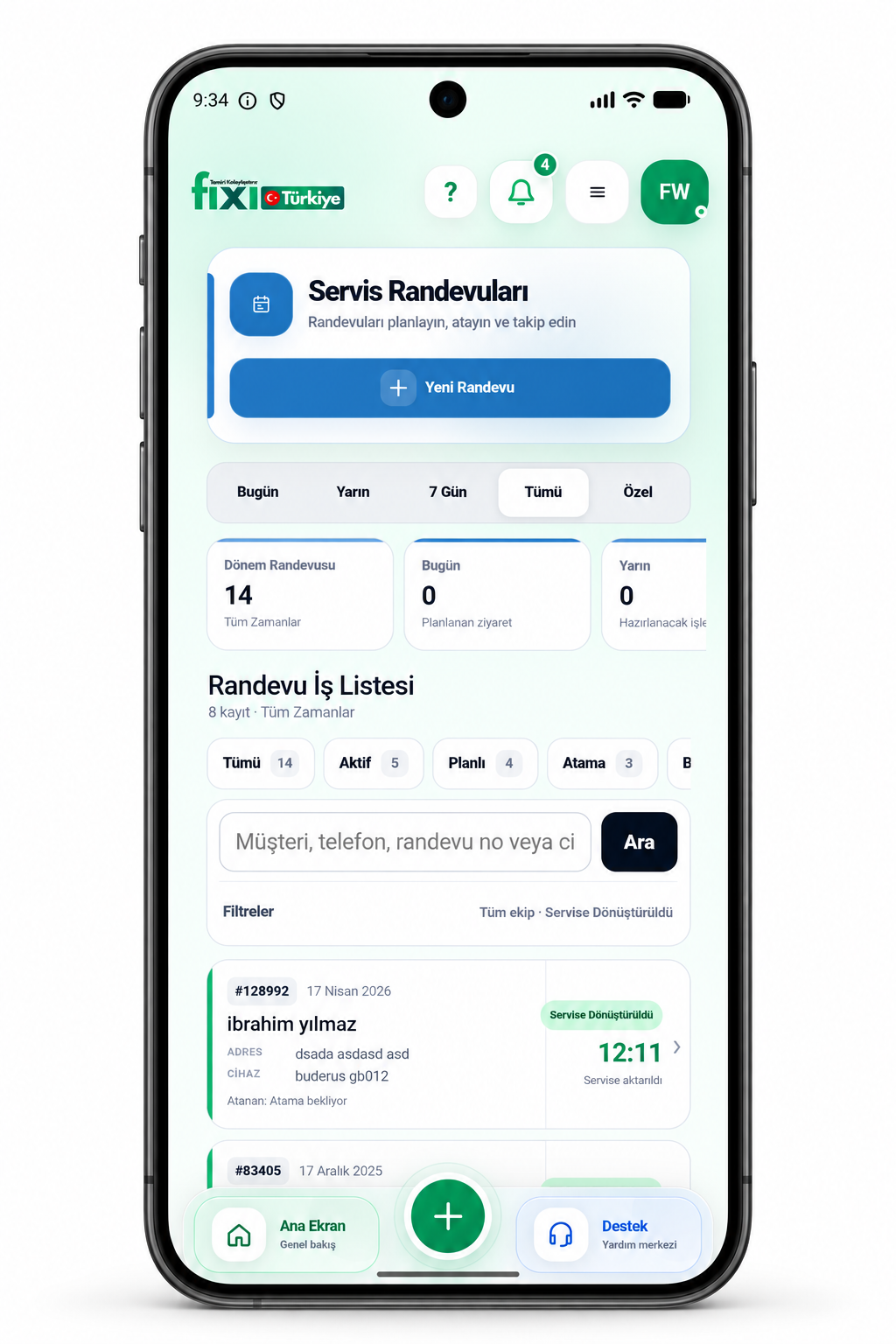 Fixi servis randevuları ekranı