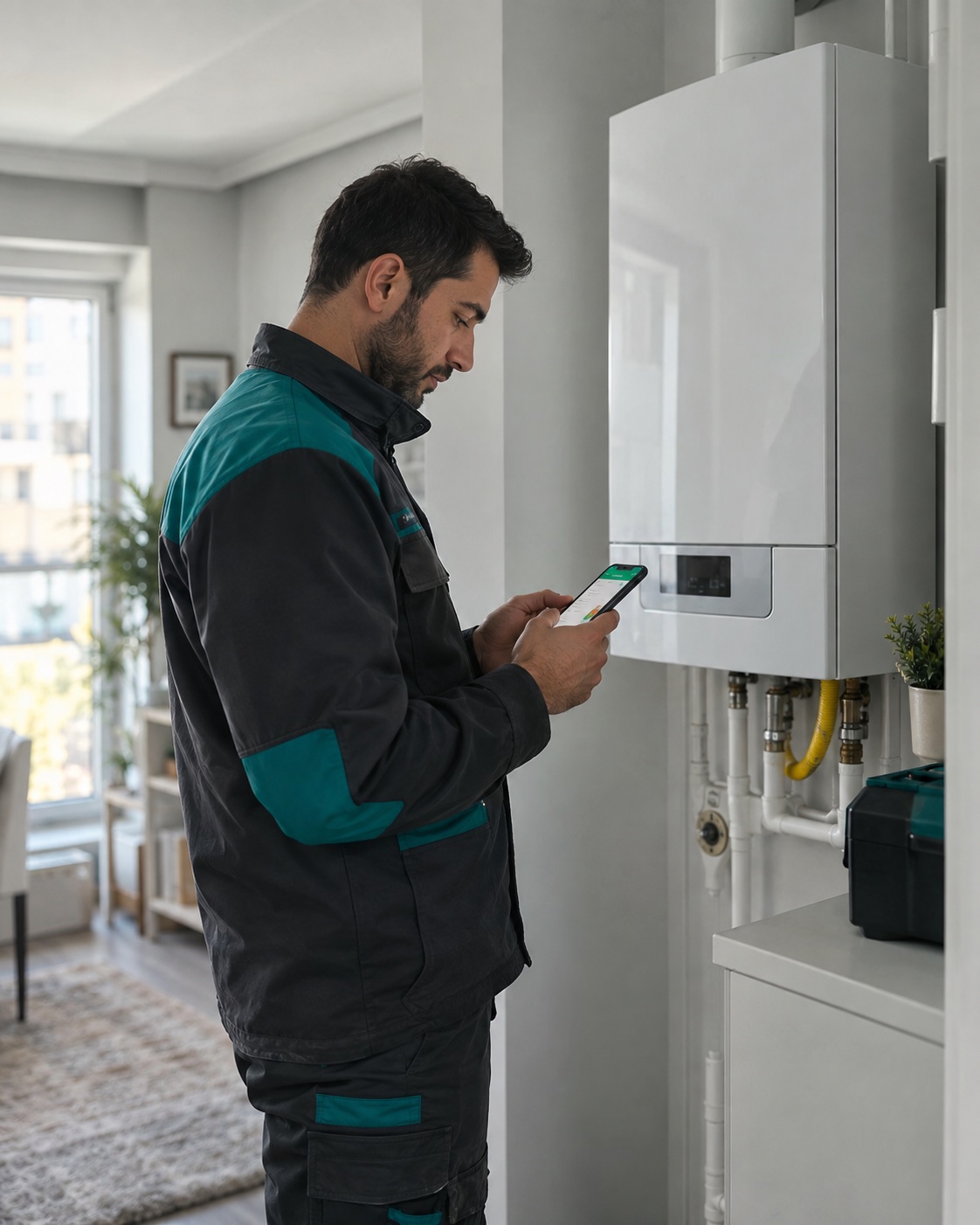 Kombi yanında telefondan bakım planını kontrol eden teknisyen; temsili görsel